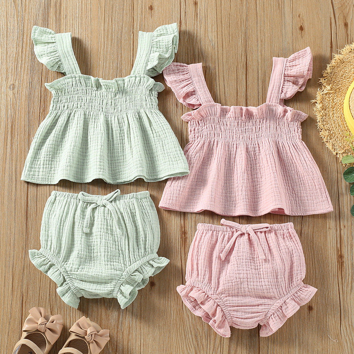 🌸 Adorable Girls' Solid Color Sling Top & Hot Pants Suit – Perfect for Sunny Days!