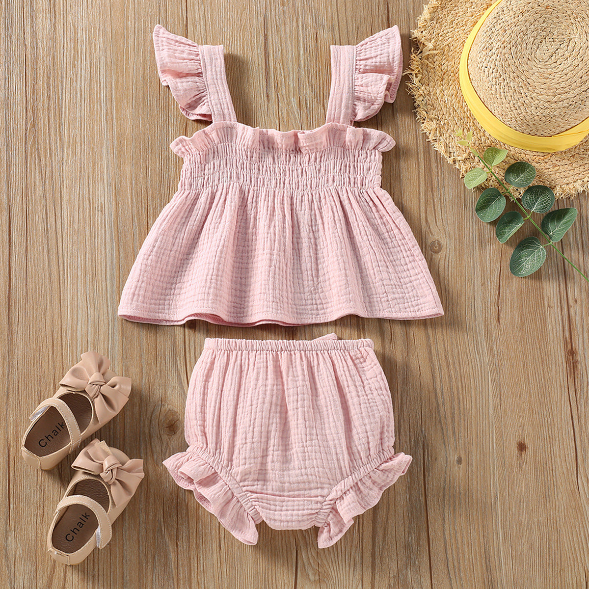 🌸 Adorable Girls' Solid Color Sling Top & Hot Pants Suit – Perfect for Sunny Days!