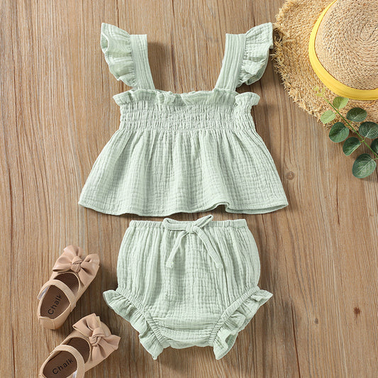🌸 Adorable Girls' Solid Color Sling Top & Hot Pants Suit – Perfect for Sunny Days!