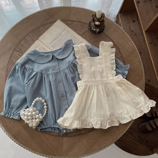 👗 Sweet Plaid Romper & Sling Skirt Set – Timeless Charm for Tiny Moments