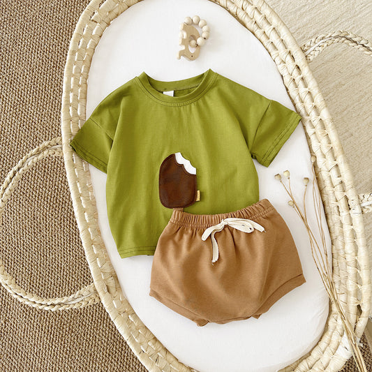 🍦 Sweet & Comfy Girls' Casual Round Neck Cotton Ice Cream Patch Suit – The Perfect Summer Look!